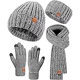 Women Beanie Scarf Gloves Headband Set for Winter, Chenille Beanie Hats Ear Warmer with Fleece Lined Knit Scarf Touchscreen Gloves, Fashion 4 in 1 Warm Xmas Gift Set for Cold Weather-E04 Light Gray