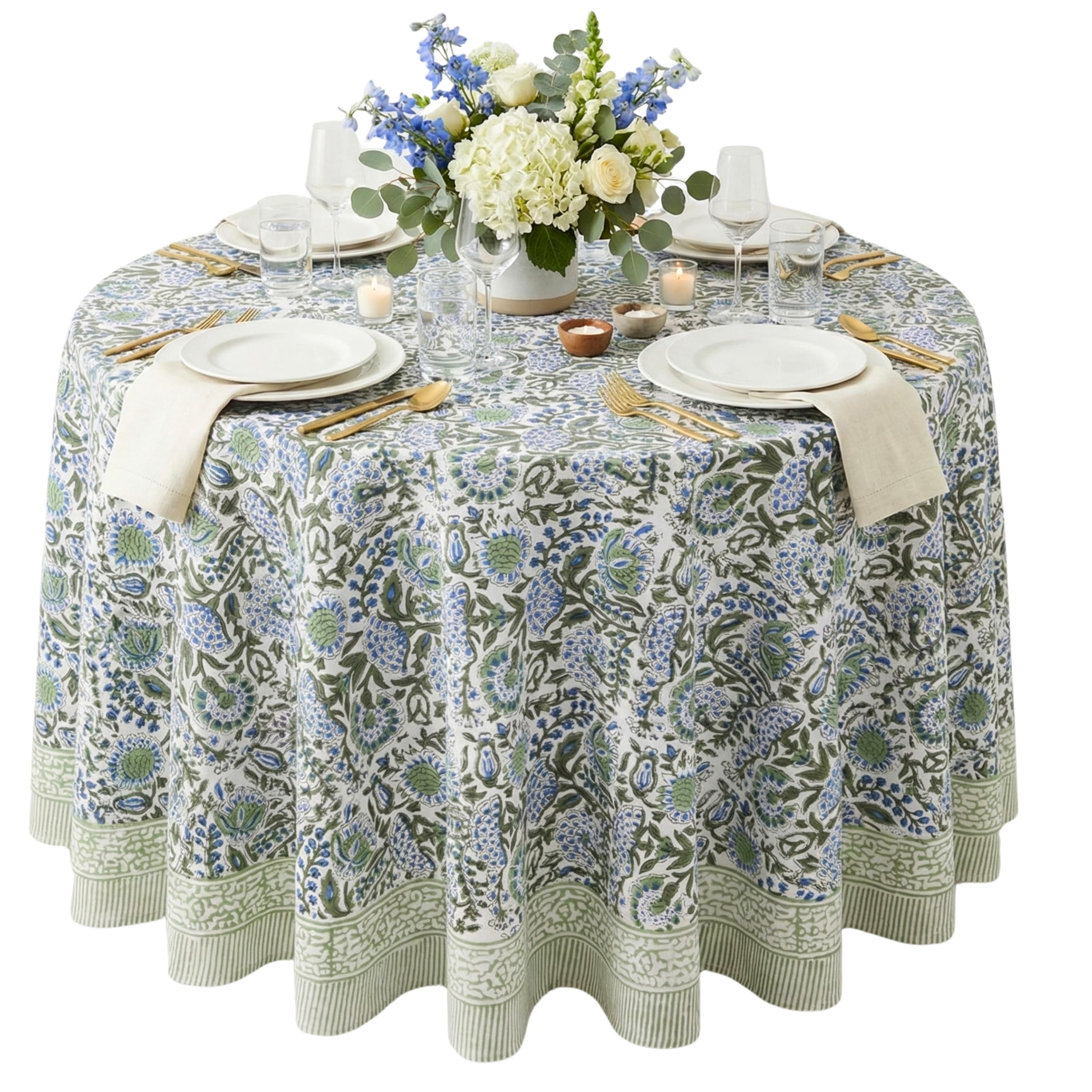 Photo 1 of ATOSII Clover Blue 100% Cotton Round Boho Fall Tablecloth, Handblock Floral Table Cloth Linen for Kitchen Dining I Parties Outdoors Christmas Thanksgiving Fall Home Decor 72" Inches Round I 4-6 Seater