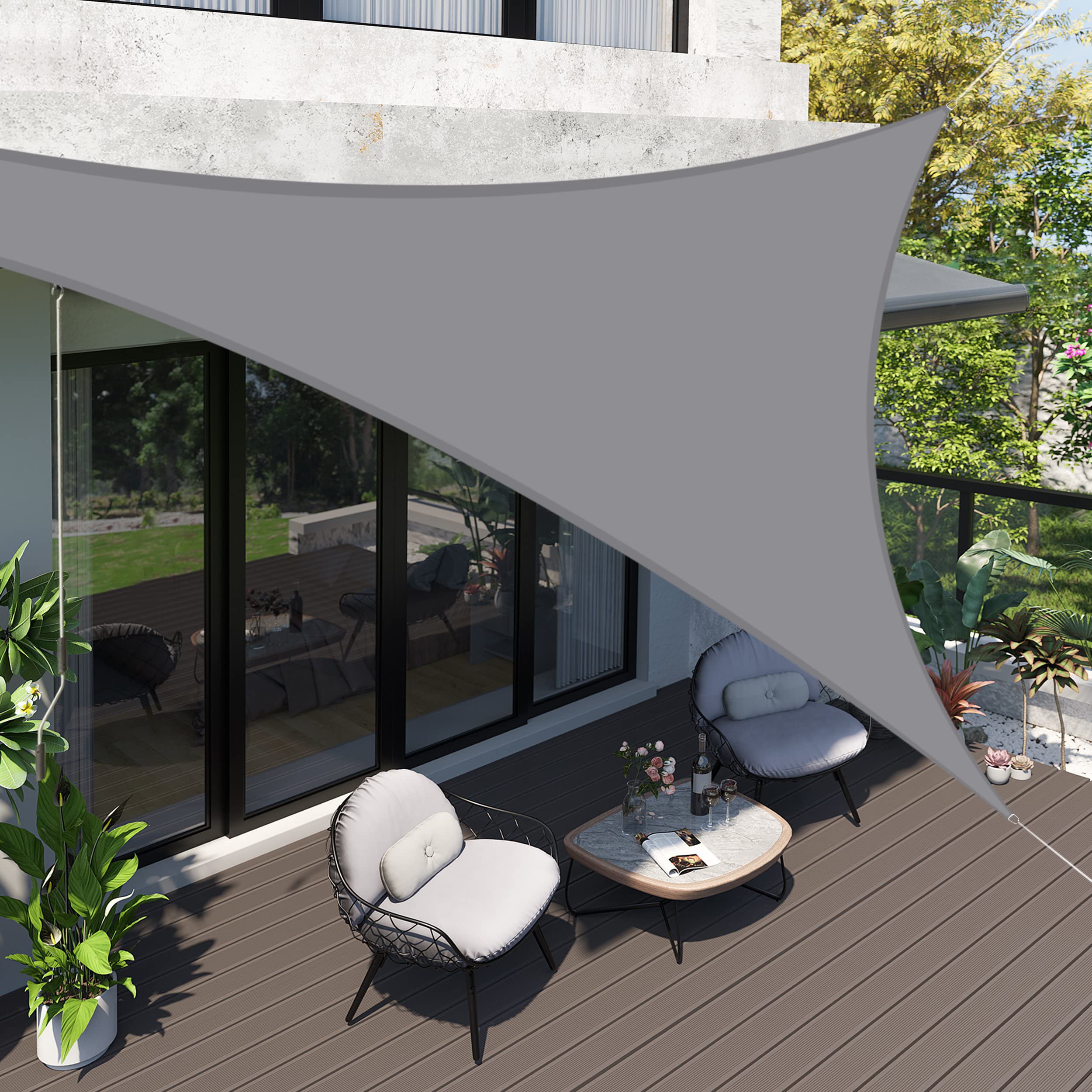 Teynewer Sun Shade Sail Waterproof for Patio Party Backyard Lawn Garden Outdoor Sunscreen Awning 3 x 3 x 3m Triangle Canopy PES Polyester 95% UV Block Shade Cover With Free Wind Rope, Light Grey