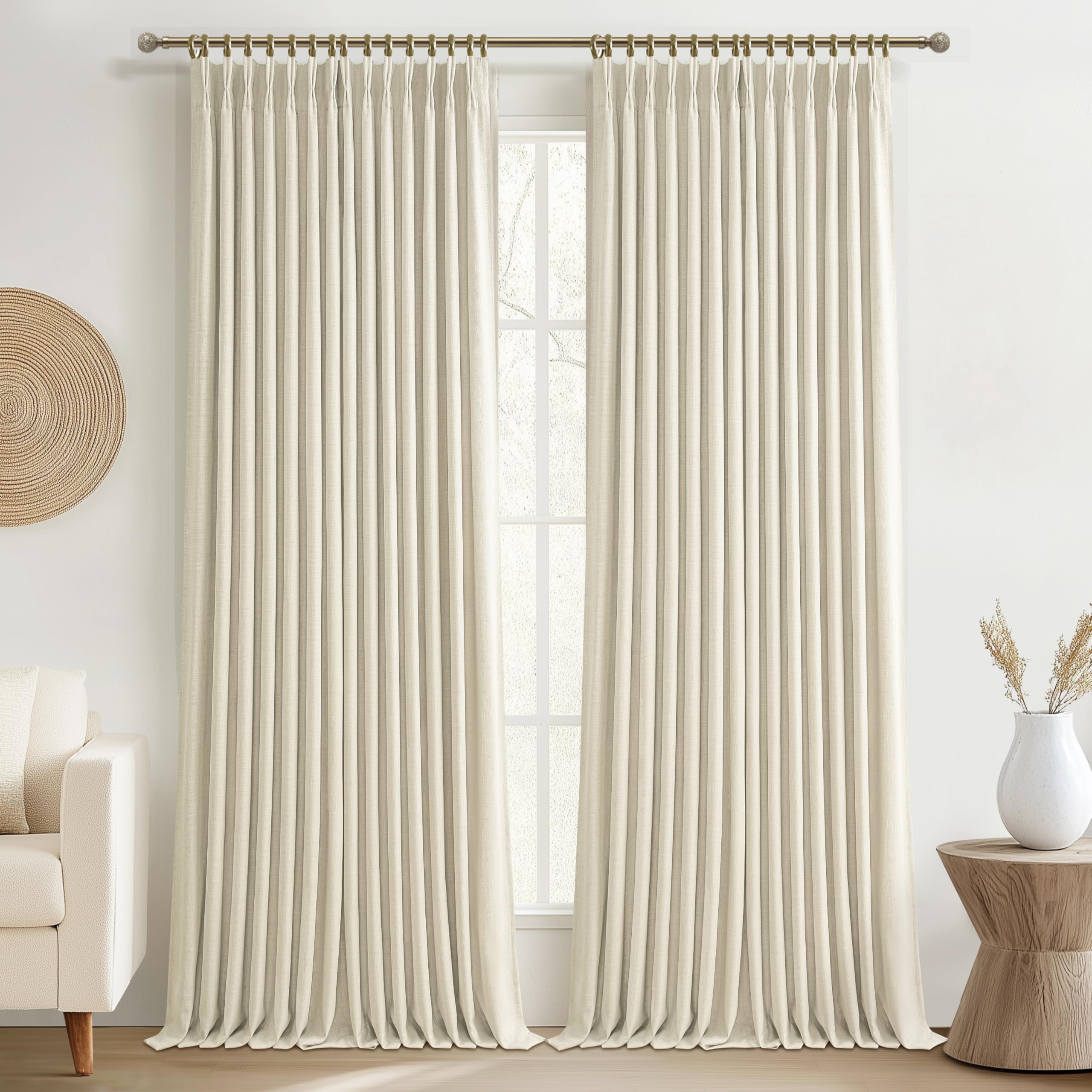 Photo 1 of Thick Linen Sand Beige Black Out Curtains 96 Inch Long for Living Room, Elegant Pinch Pleated Room Darkening Cream Curtain & Drapes 40x96 Length for Bedroom Privacy Insulated Windows Burg 2 Panels Set