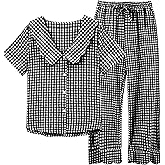 Tanming Womens Gingham 2 Piece Pajamas Sets Puff Sleeve Babydoll Shirt Ruffle Pants Pj Lounge Set Sleepwear
