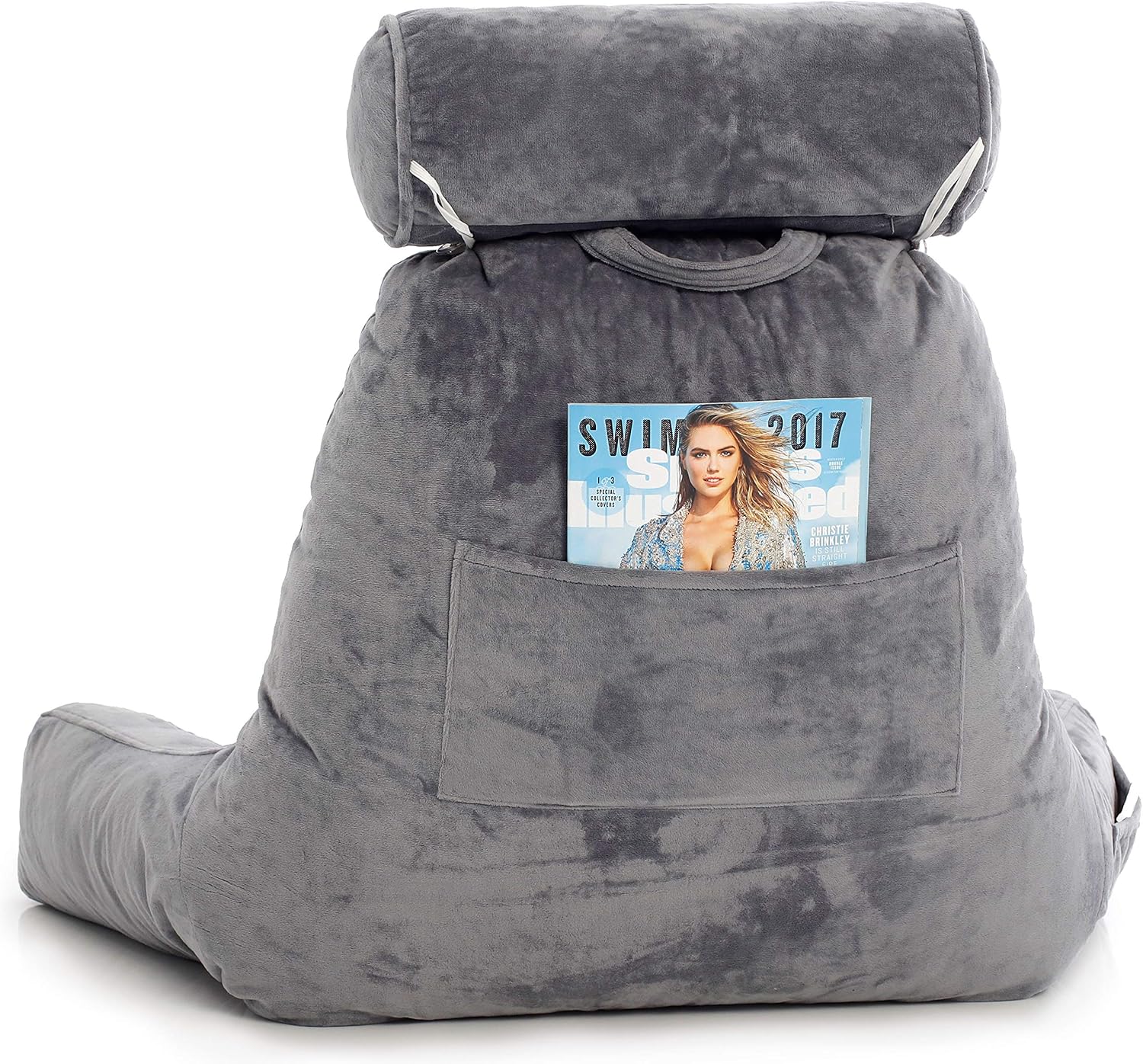 Husband Pillow - Dark Grey, Big Backrest Reading Bed Rest Pillow with Arms, Plush Memory Foam Fill, Remove Neck Roll Off Bungee, Change Covers, Zipper On Shell of Bed Chair for Adjustable Loft: Home & Kitchen