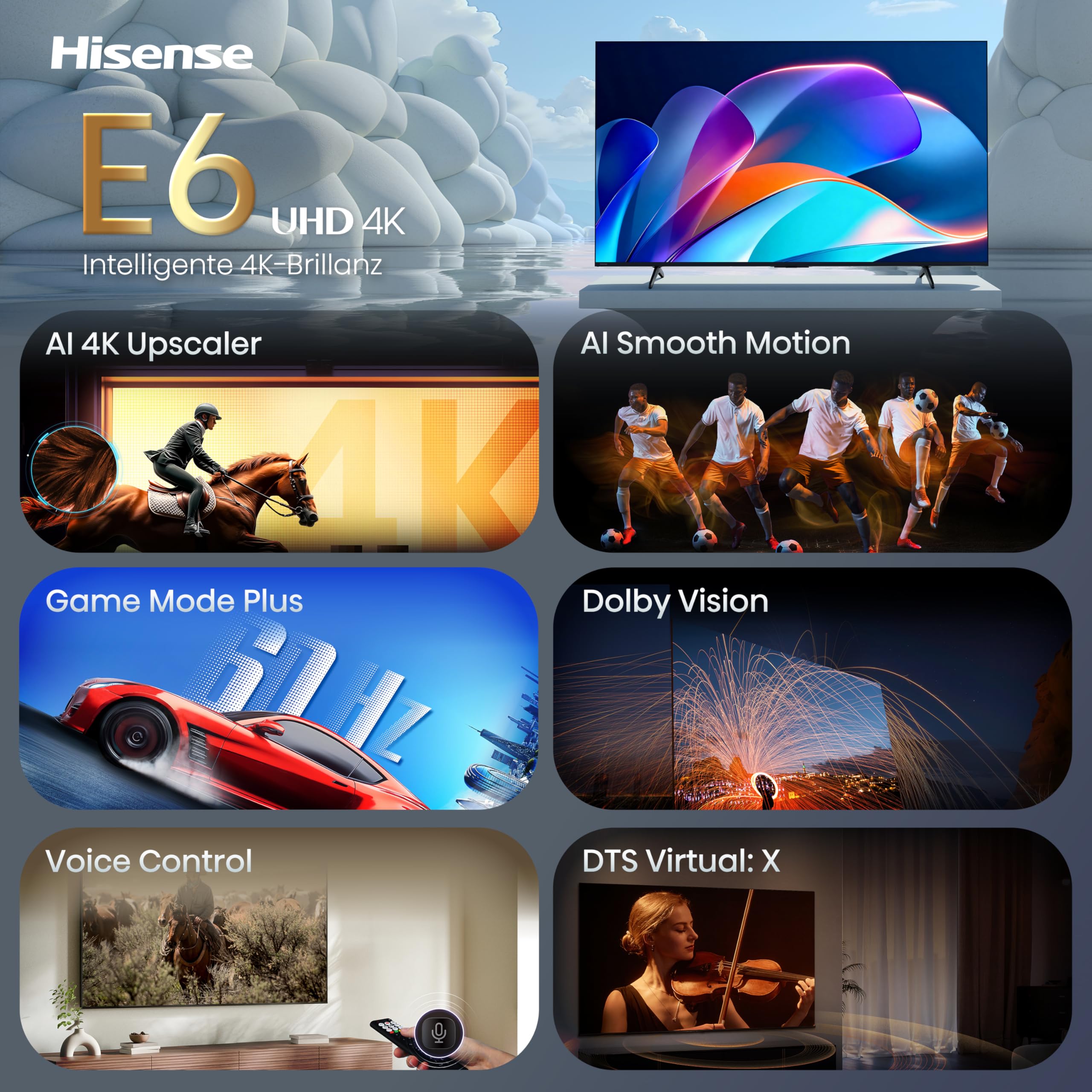 Hisense 43E6DS Fernseher 43 Zoll, 4K UHD Smart TV, Hi-View AI Engine, 60Hz Game Mode Plus, Dolby Vision, AI 4K Upscaler, DTS Virtual: X, AI Smooth Motion, Airplay, Sprachsteuerung[2026] 3