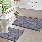 LuxUrux Bathroom Rug Set 2 Piece, Soft Absorbent Cheinlle Microfiber Bath Mat with Contour Toilet Rug, Non-Slip, Machine Wash Dry, Plush Shaggy Mats for Bathroom (20"x 30"+20"x 20" U-Shaped Gray)