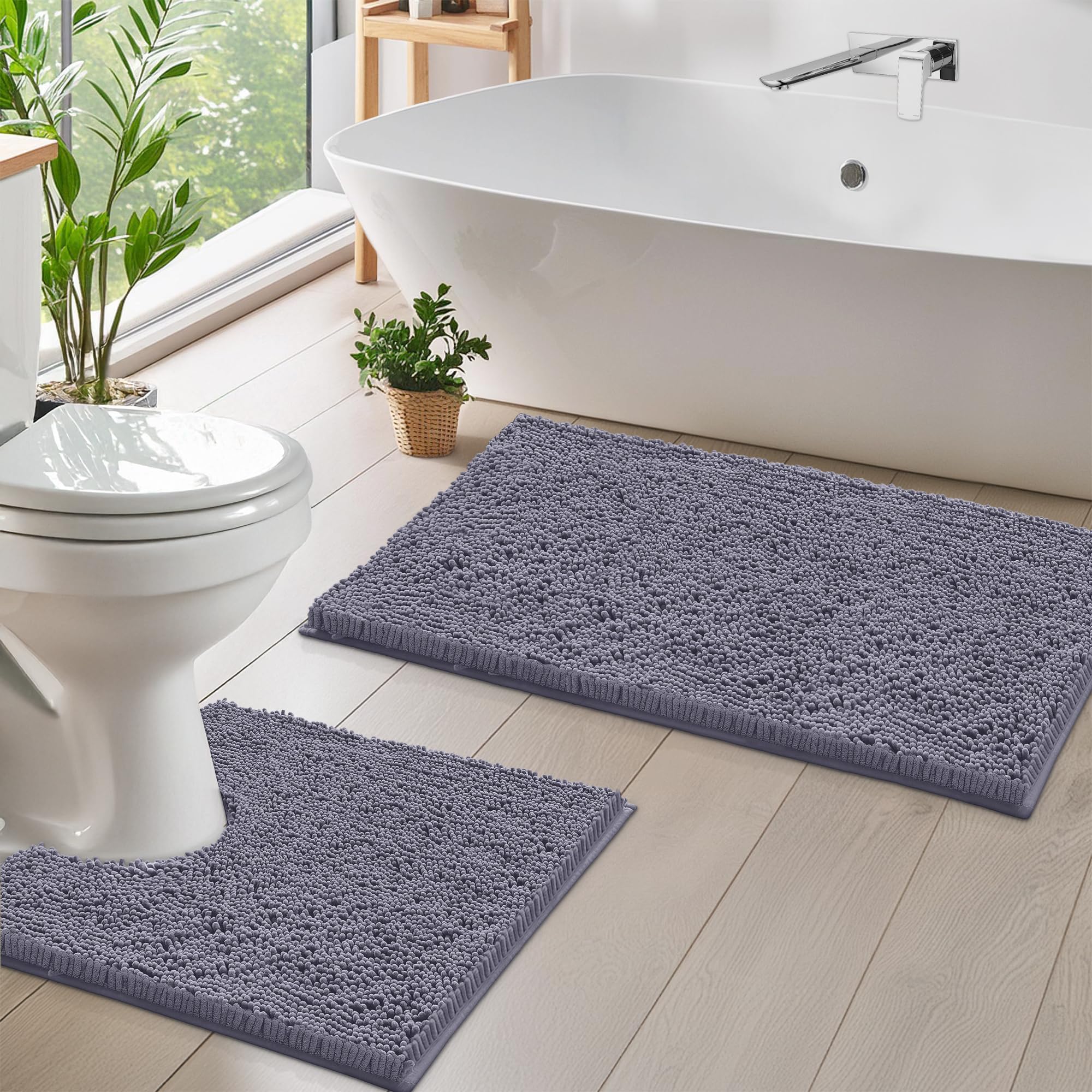 LuxUrux Bath Mat Set, Luxury Chenille (2-Piece) Soft Plush Anti-Slip Rug + Toilet Mat.1'' Microfiber Shaggy Carpet, Super Absorbent (Dark Grey, 80 x 50 cm + U Shaped 50 x 50 cm)