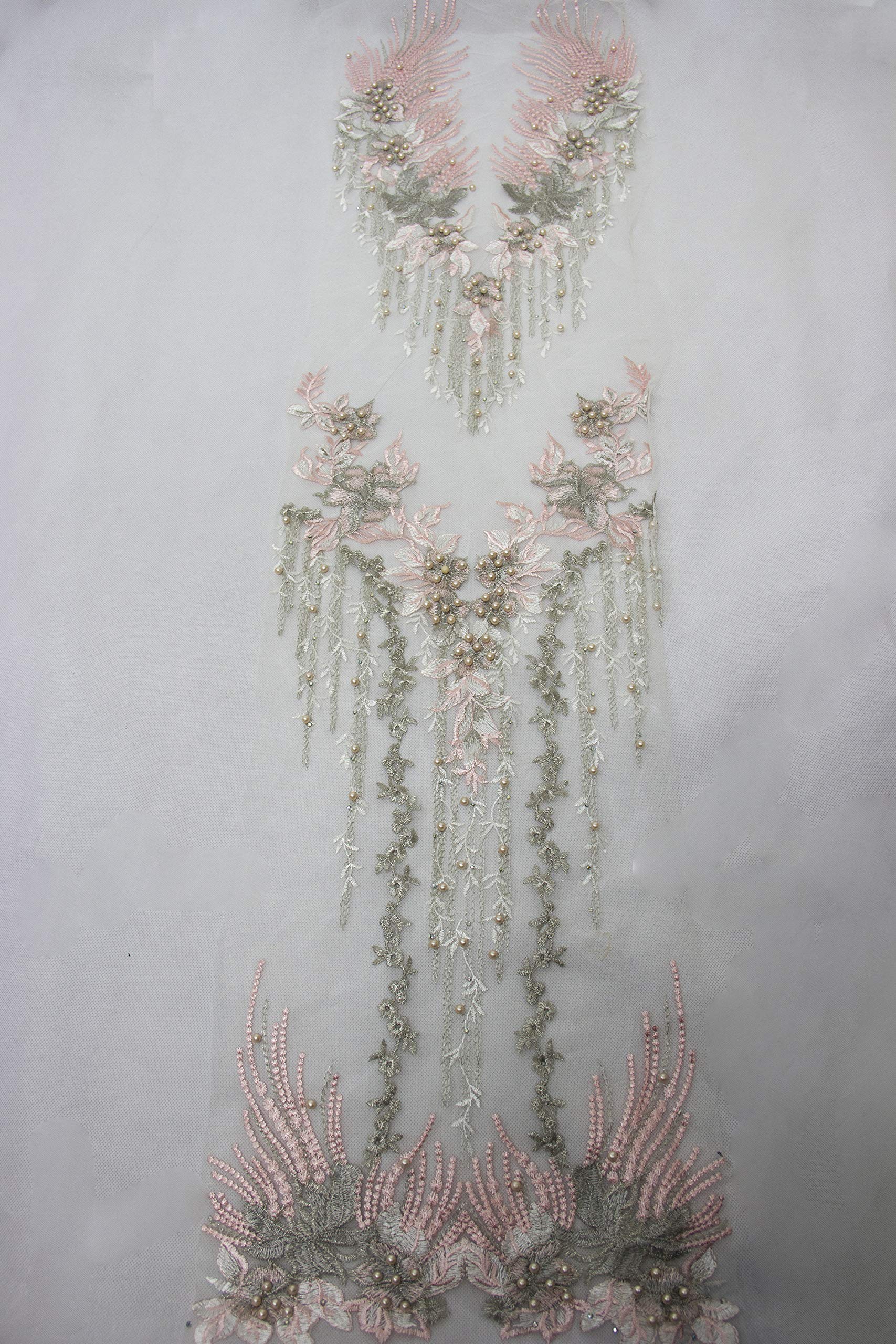 3d Lace Applique set Flower Patches applique motifs french diamante beaded applique Great for DIY Craft Sewing Costume dressmaking Bridal wedding 3 in 1 130cm*30cm A15 (Baby Pink)