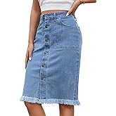 luvamia Women's Casual Mid Rise Button Down Frayed Raw Hem Denim Jean Midi Skirt