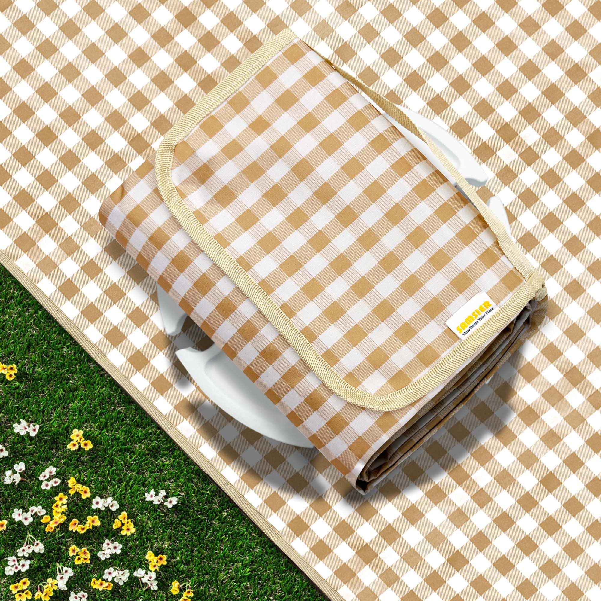 Photo 1 of **NOT IN ORIGINAL PACKAGE**SAMSIER Outdoor Picnic Blankets Waterproof Foldable Sandproof, Extra Large Gingham Cute Picnic Mat Washable Portable for Park Beach Camping Courtyard (Coffee, 80"×80")