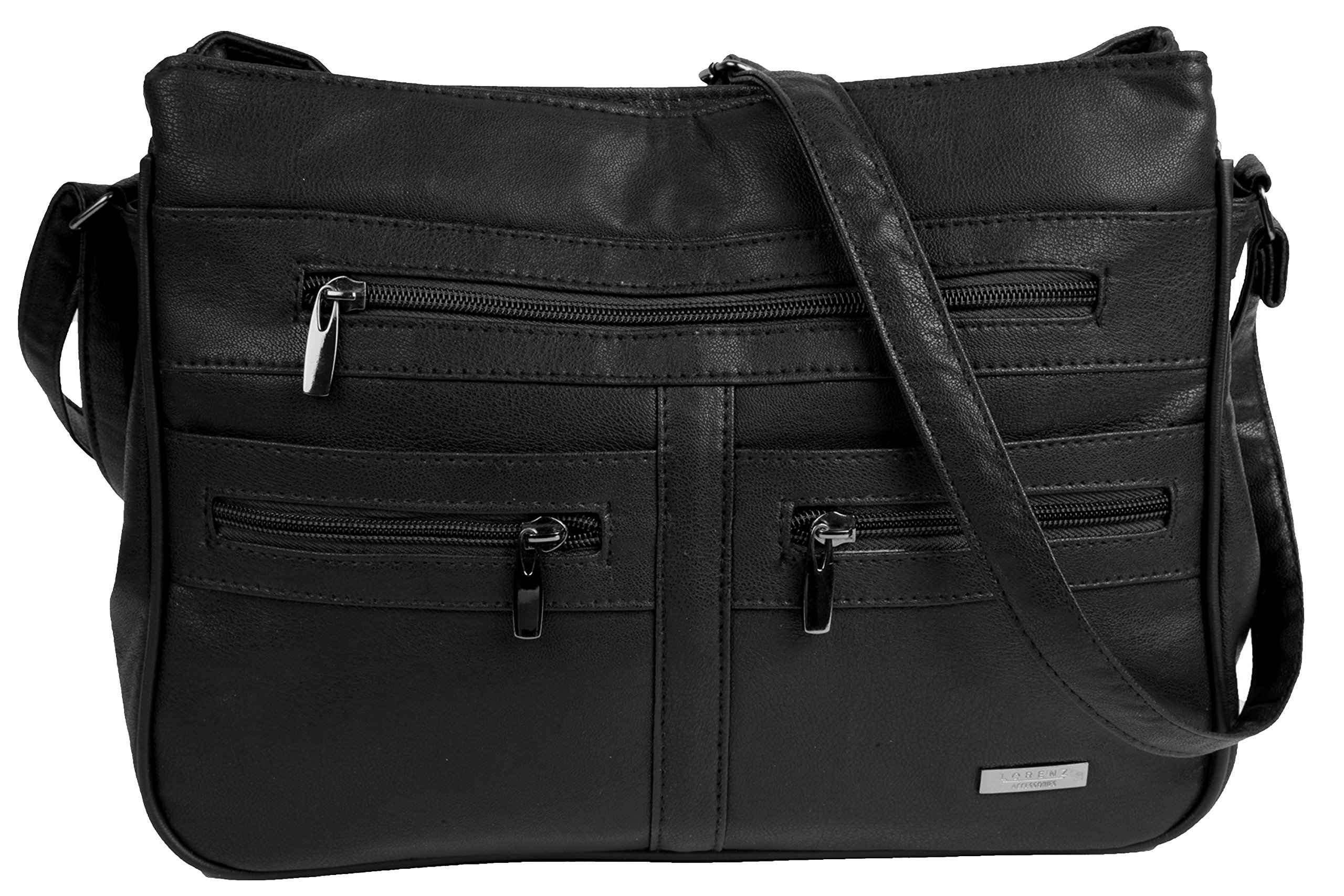 Faux Leather Handbag / Shoulder Bag with 7 Zip Compartments & Double Zip Top (BLACK)