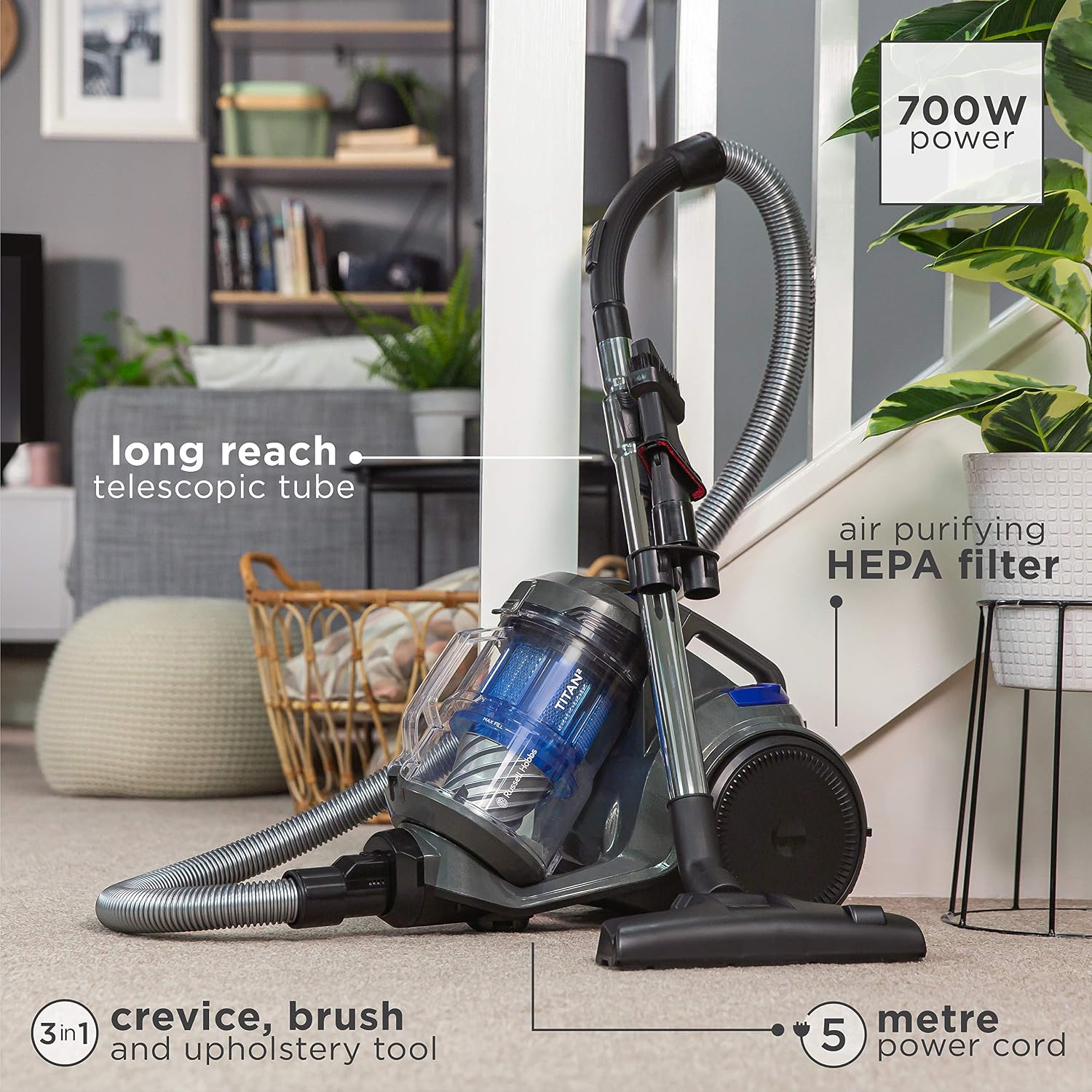 Russell Hobbs® Titan2 Multi-Cyclonic Cylinder Vacuum Cleaner, 3L Dust Capacity, Powerful 700W High Efficiency Motor - Image 3