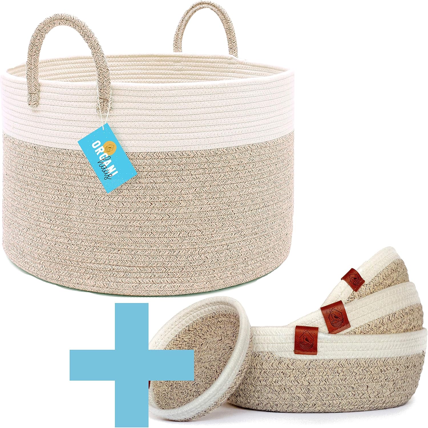 Wide Rope Laundry Basket + Set of 4 Rope Trays Brown