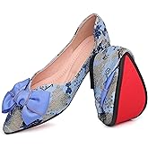 Hxlber Women's Flats Shoes Pointed Toe Bow Embroidery Ballet Comfortable Dressy Slip On Flat