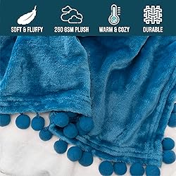 PAVILIA Teal Blue Throw Blanket Pom Pom for