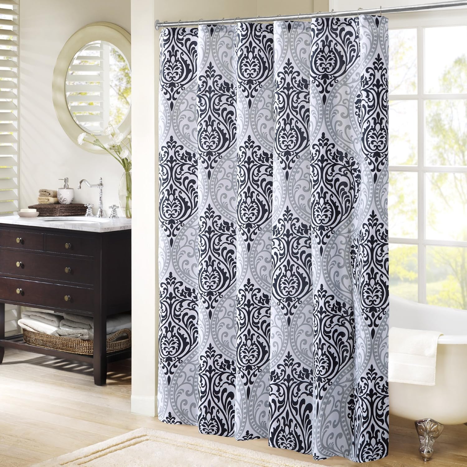 Amazon Com Comfort Spaces Coco Bathroom Shower Printed Damask Pattern Modern Cute Microfiber Fabric Bath Curtains 72 X72 Black Home Kitchen