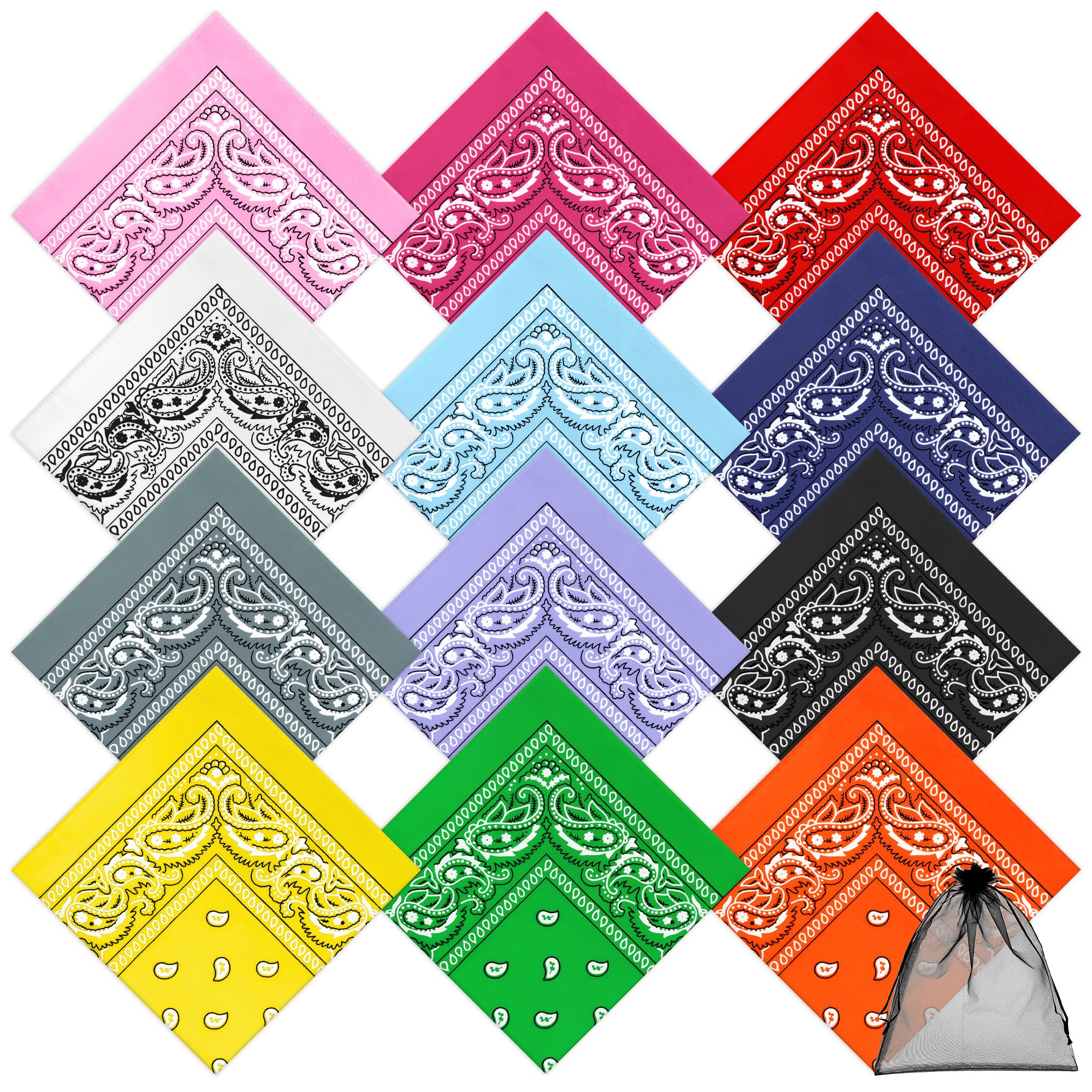 URATOT 12 Pack Novelty Bandanas Paisley Print Cowboy Bandana Handkerchiefs, Assorted 12 Colors (Mixed 12 colors a)
