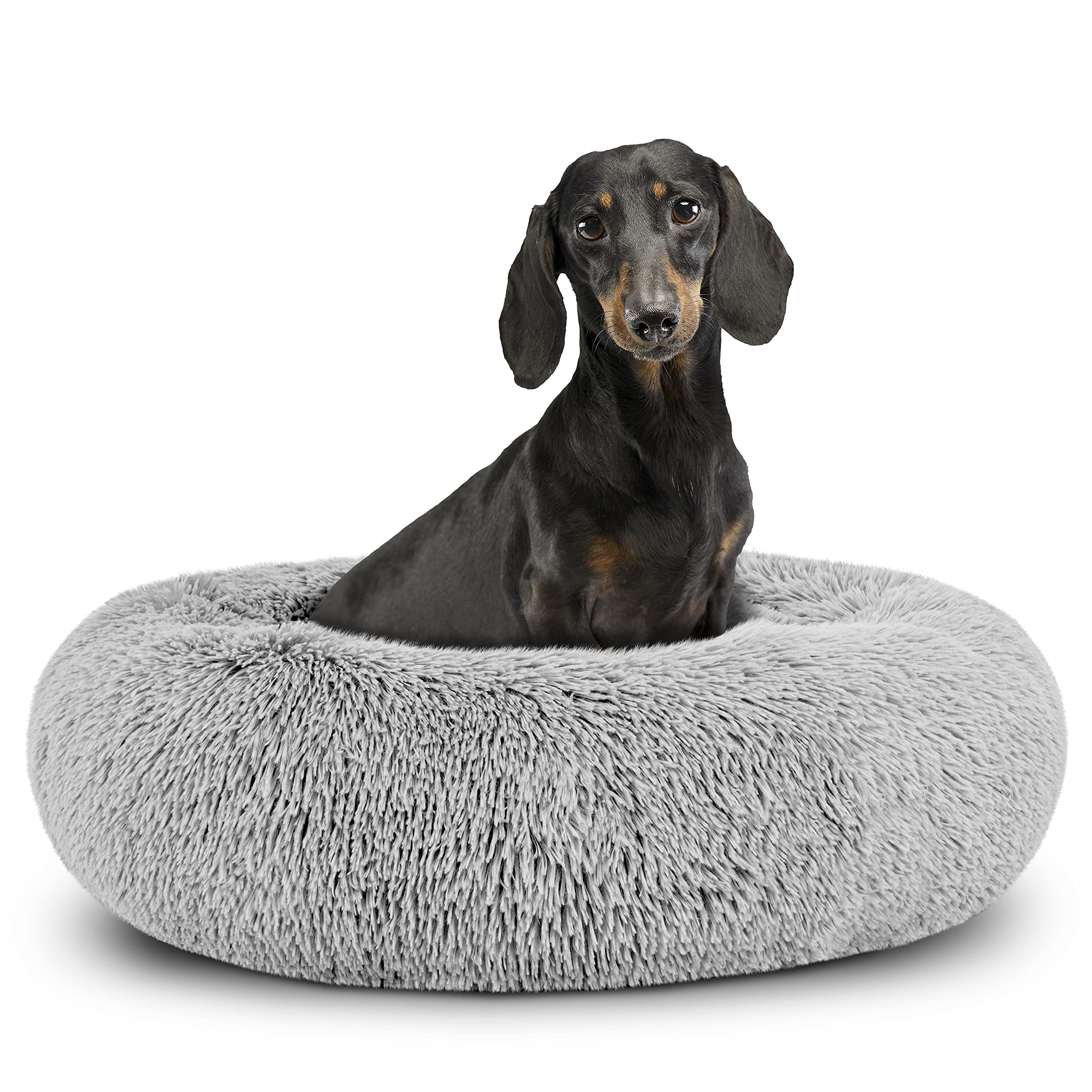 The Dog’s Bed Sound Sleep Nest — Plush Round Donut Bed, Silver Grey Fur, Small Beds - 58cm Diameter