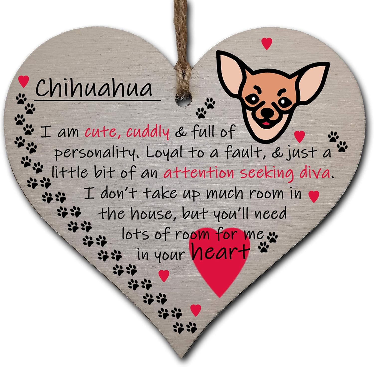 Handmade Wooden Hanging Heart Plaque Gift Perfect for Dog Lovers Pet Keepsake Novelty Decoration, Chihuahua
