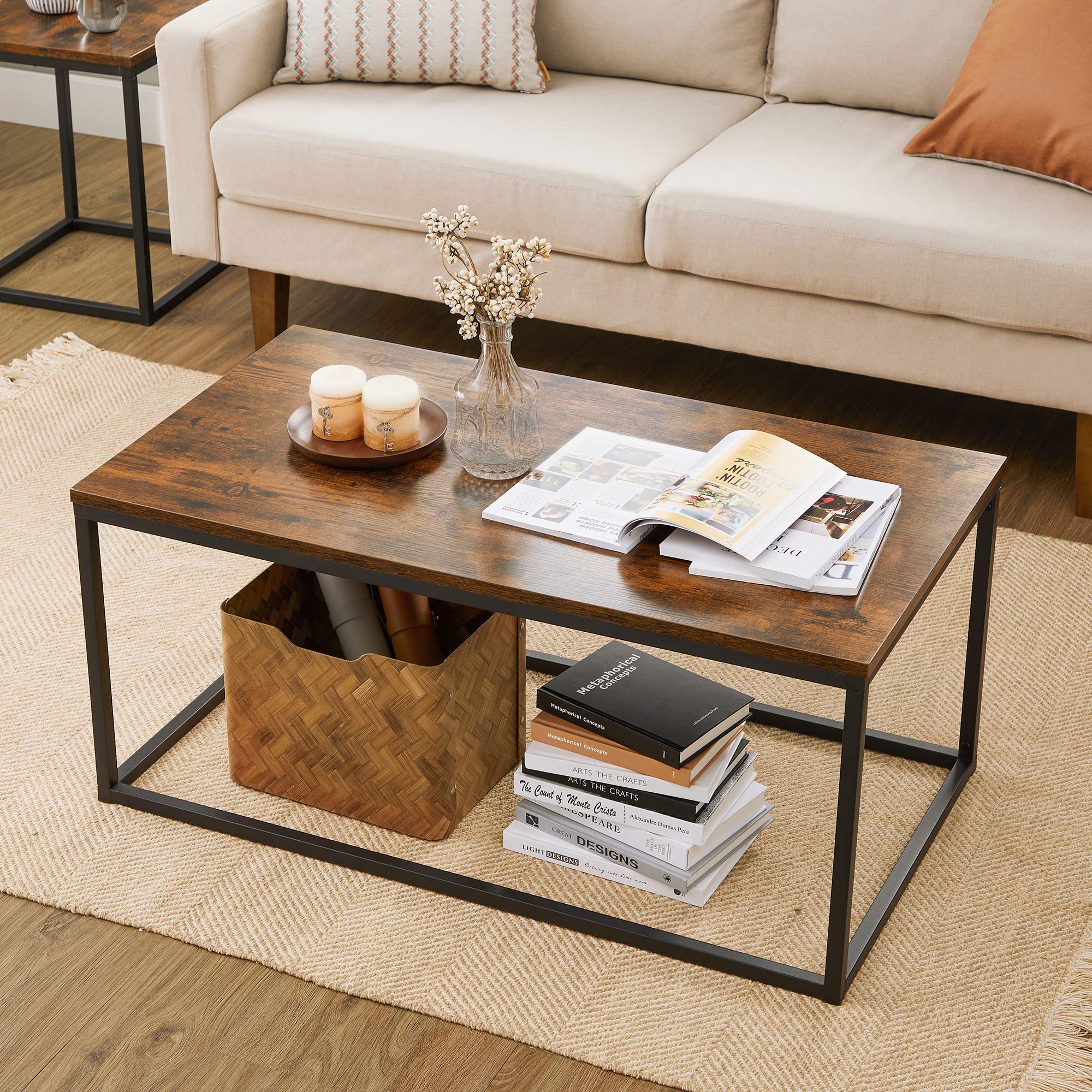 VASAGLE Coffee Table with Thickened Board, 39.4 Inch, Open Rectangle Living Room Table, Steel Frame and Wood Panel, Easy to Assemble, for Living Room, Industrial, Rustic Brown and Black ULCT052B01