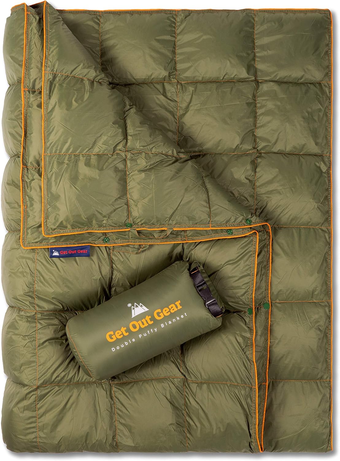 Get Out Gear Double Puffy Camping Blanket - Extra Puffy, Packable, Lightweight and Warm | Ideal for Outdoors, Travel, Stadium, Festivals, Beach, Hammock | Water-Resistant Camp Quilt (Olive/Orange): Kitchen & Dining