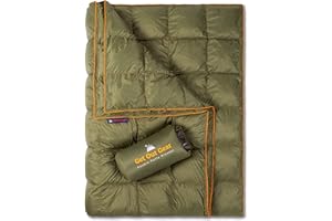 Get Out Gear Double Puffy Camping Blanket - Extra Puffy, Packable, Lightweight and Warm | Ideal for Outdoors, Travel, Stadium, Festivals, Beach, Hammock | Water-Resistant Camp Quilt (Olive/Orange)