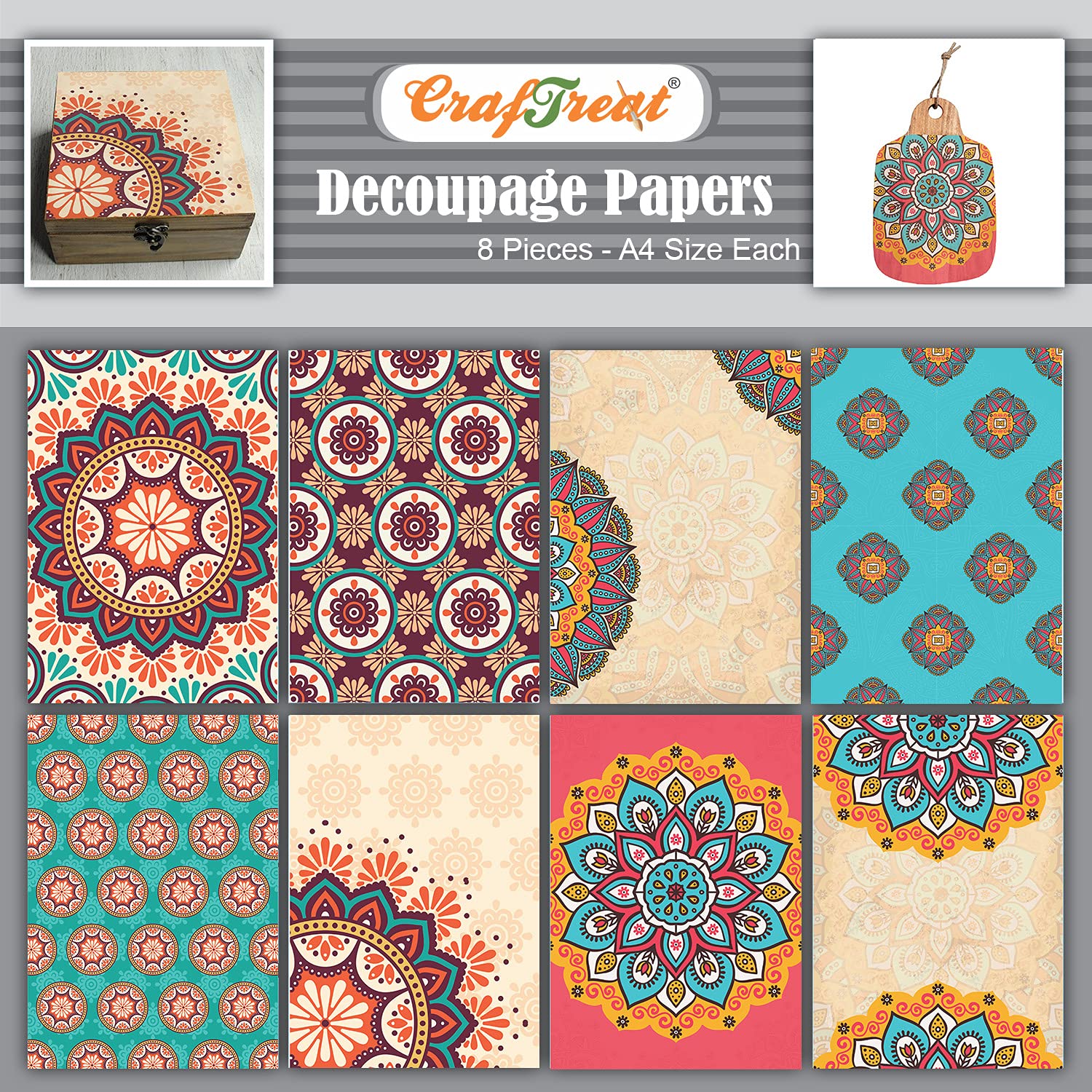 CrafTreat Reusable Mandala Decoupage Paper for Crafts - Mandala I and II - Size: A4-8 Pcs - Decoupage Paper for Wood, Furniture and Scrapbooking