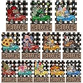 YOVOYOA Rustic Truck Buffalo Plaid Garden Flags for Outside Set of 12, Welcome Seasonal Garden Flags 12x18 Double Sided, Car Holiday Lawn Flags, Winter Spring Outside Decorations for Yard