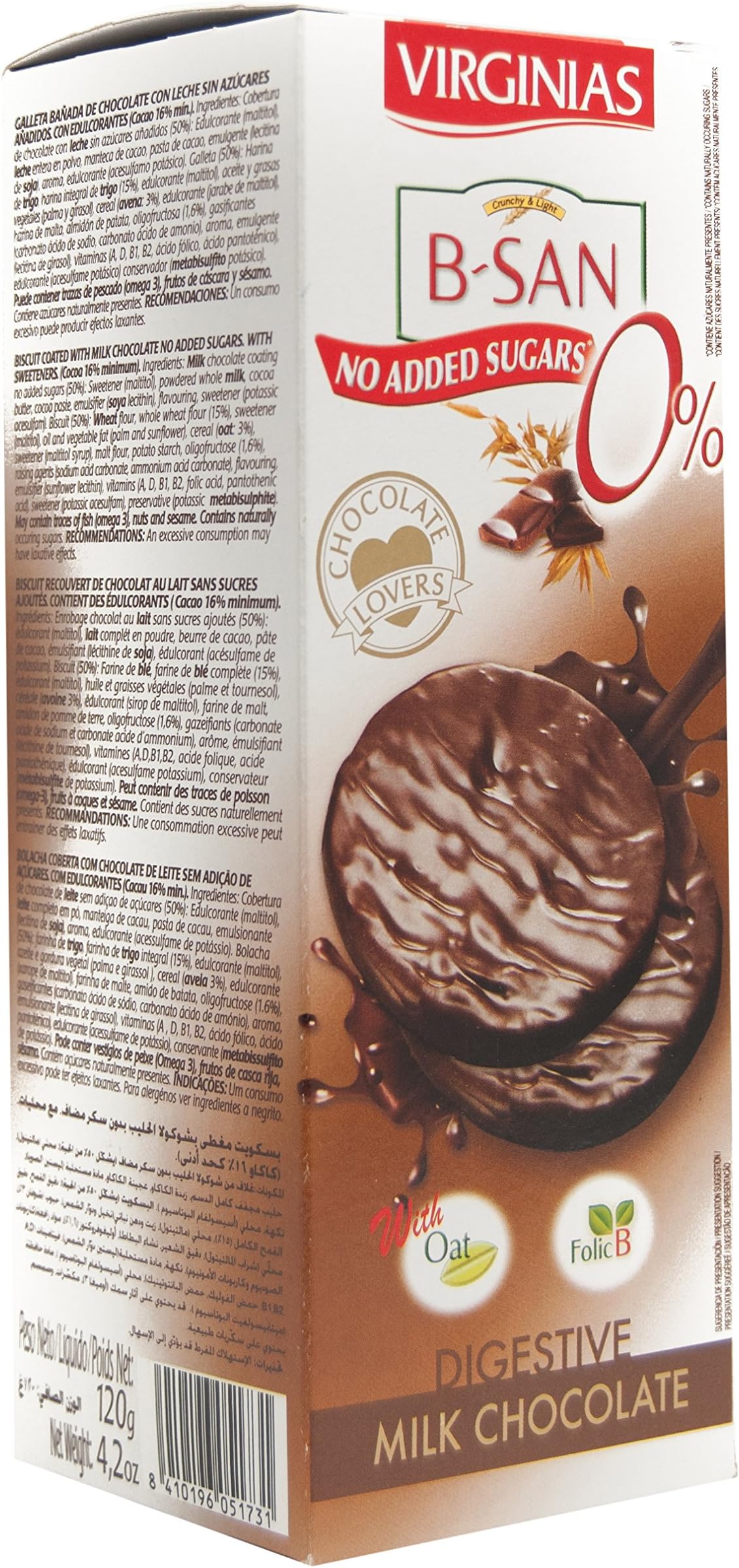 Virginias B-San Digestive Milk Chocolate Non Added Sugar 4,2 oz. (120 gr.)