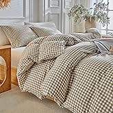 DuShow Grid Queen Duvet Cover Set - Tan Gingham Washed Microfiber Comforter Cover Set, 3 Pieces Plaid Checkered Soft Reversible Bedding Set(Tan,Queen)