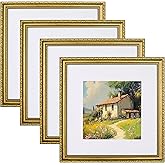 eletecpro 12x12 Picture Frames Set of 4, Vintage Photo Frame with Glass Cover, Gold Frames 12 by 12 Display 8x8 Photo with Mat or 12x12 without Mat for Home Wall Decor, Gold