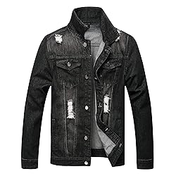 LAMKUKU Mens Denim Jacket Ripped Slim Jean Jacket