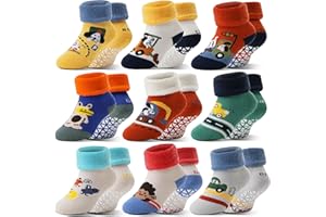 SANDSUCED Toddlers Kids Grips Socks Warm Thermal Winter Thick Anti Slip Non Skid Ankle Crew Socks 9 Pairs for Baby Boys Girls Infants