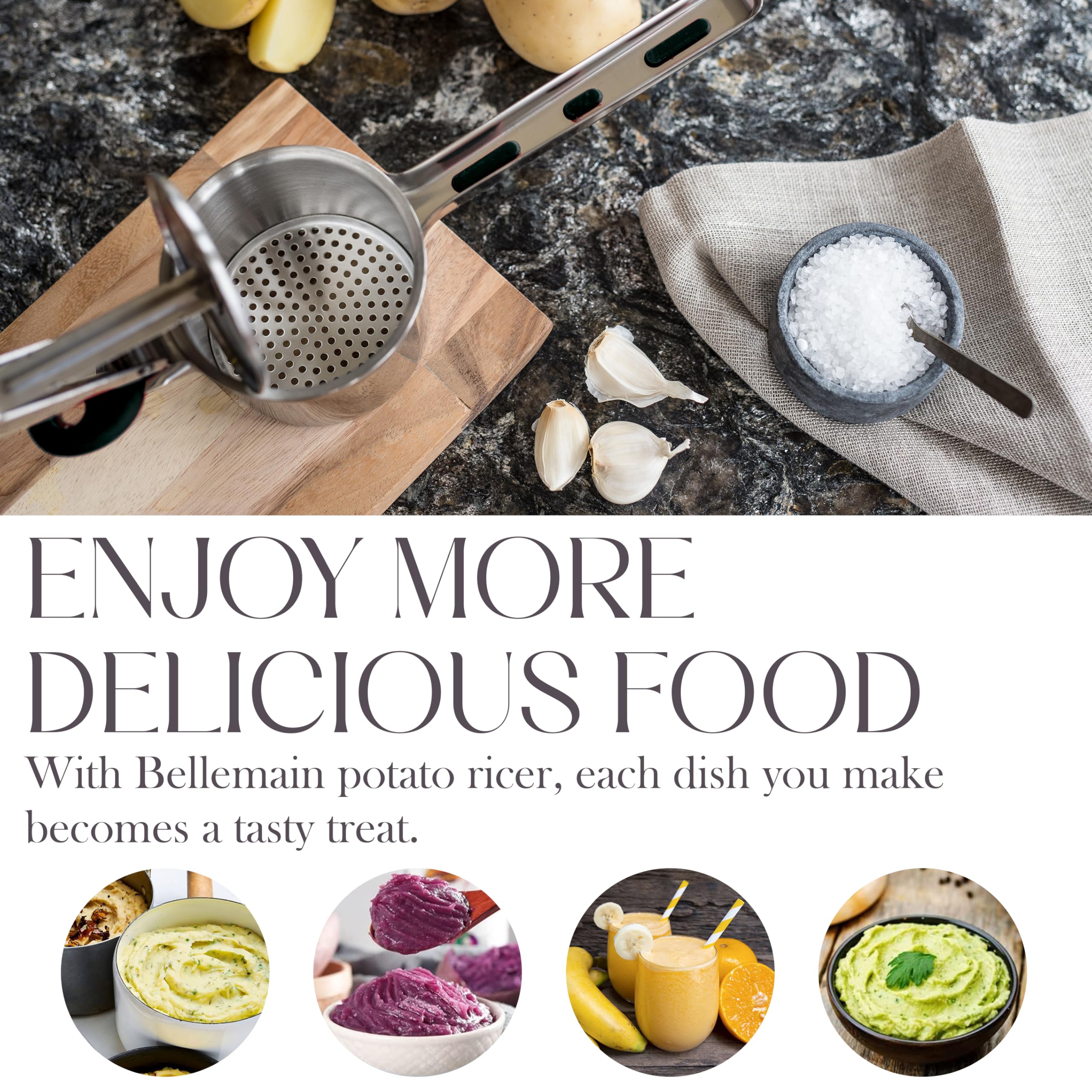 Bellemain 15oz Large Potato Ricer for Mashed Potatoes, Stainless Steel Mashed Potato Masher & Squeezer, Easy-To-Clean Professional-Grade Hand Vegetable Ricer, Kitchen Tool, Food Press & Food Mill