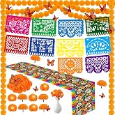 86pcs Dia De Los Muertos Decorations Ofrenda Kit - 10 Mexican Papel Picado, Marigold Garland 30 Marigold Flowers & Stems, Skull Table Runner, 12 Butterfly for Day of the Dead Altar Decor