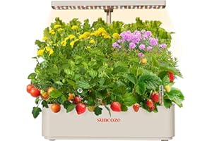 SUNCOZE Hydroponics Growing System Kit 12 Pods, 24W LED Grow Light Indoor Garden, 4L Water Tank with Quiet Pump, Adjustable Height Herb Garden Planter Indoor Kit, Gardening Gifts, Beige