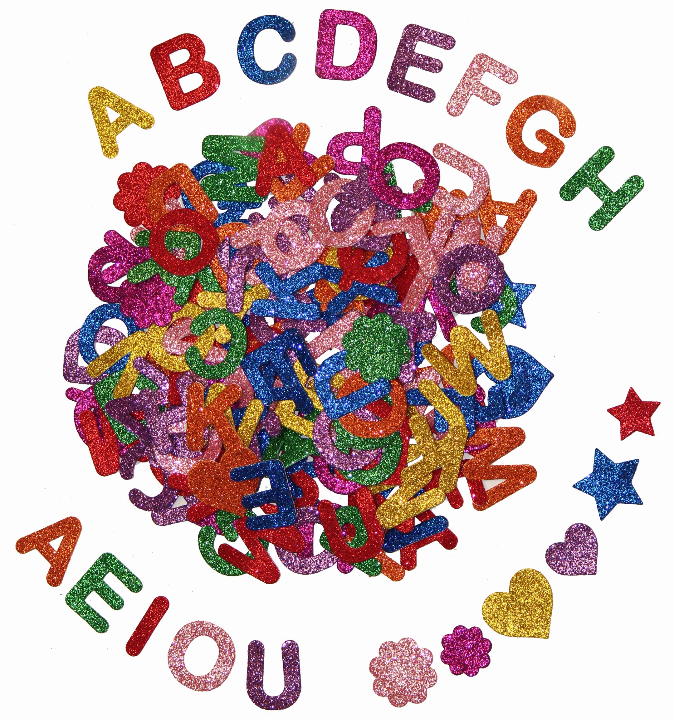 Photo 1 of [8 Sets] Letters and Shapes Foam Glitter Alphabet Stickers (Pack of Approx. 384 Pieces) Self Adhesive - 8 Colors | 208 Letters, 80 Vowels and 96 Shapes