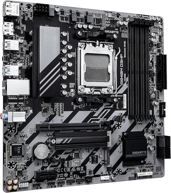GIGABYTE B840M D3HP Placa Base – CPUs AMD Ryzen 9000, VRM de 8+2+2 Fases, hasta 8200 MHz DDR5 (O.C.), 2× M.2 PCIe 4.0, LAN 1 GbE, USB 3.2 Gen 2
