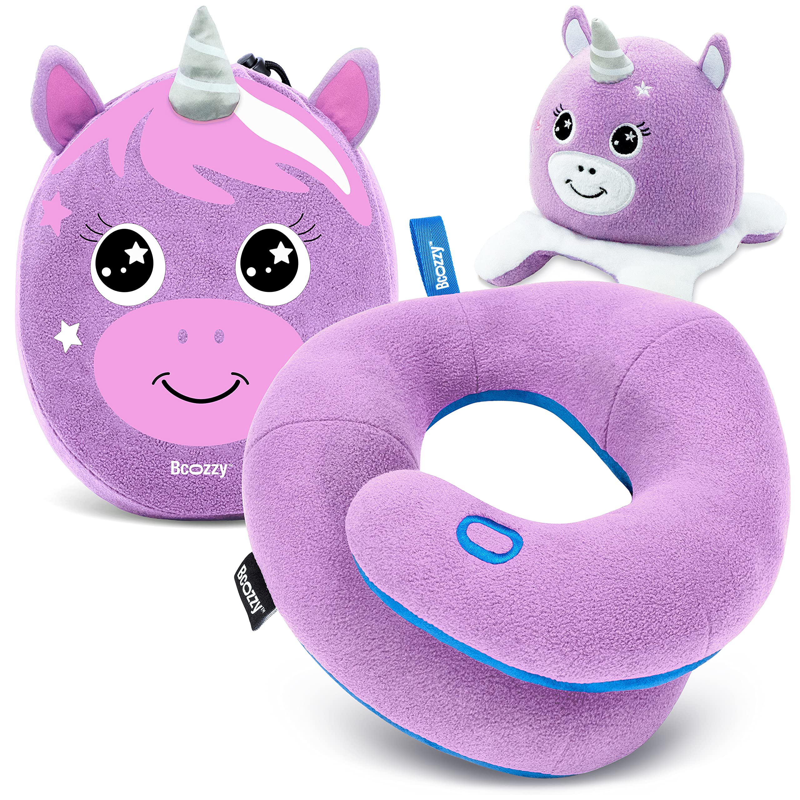 BCOZZY Kids Chin Supporting Travel Pillow for 3-7 Y/O- Stops the Head from Falling Forward- Comfortable Road Trip Essential. Soft, Washable, Small Size, Light Purple, Unicorn Bag โ image 1