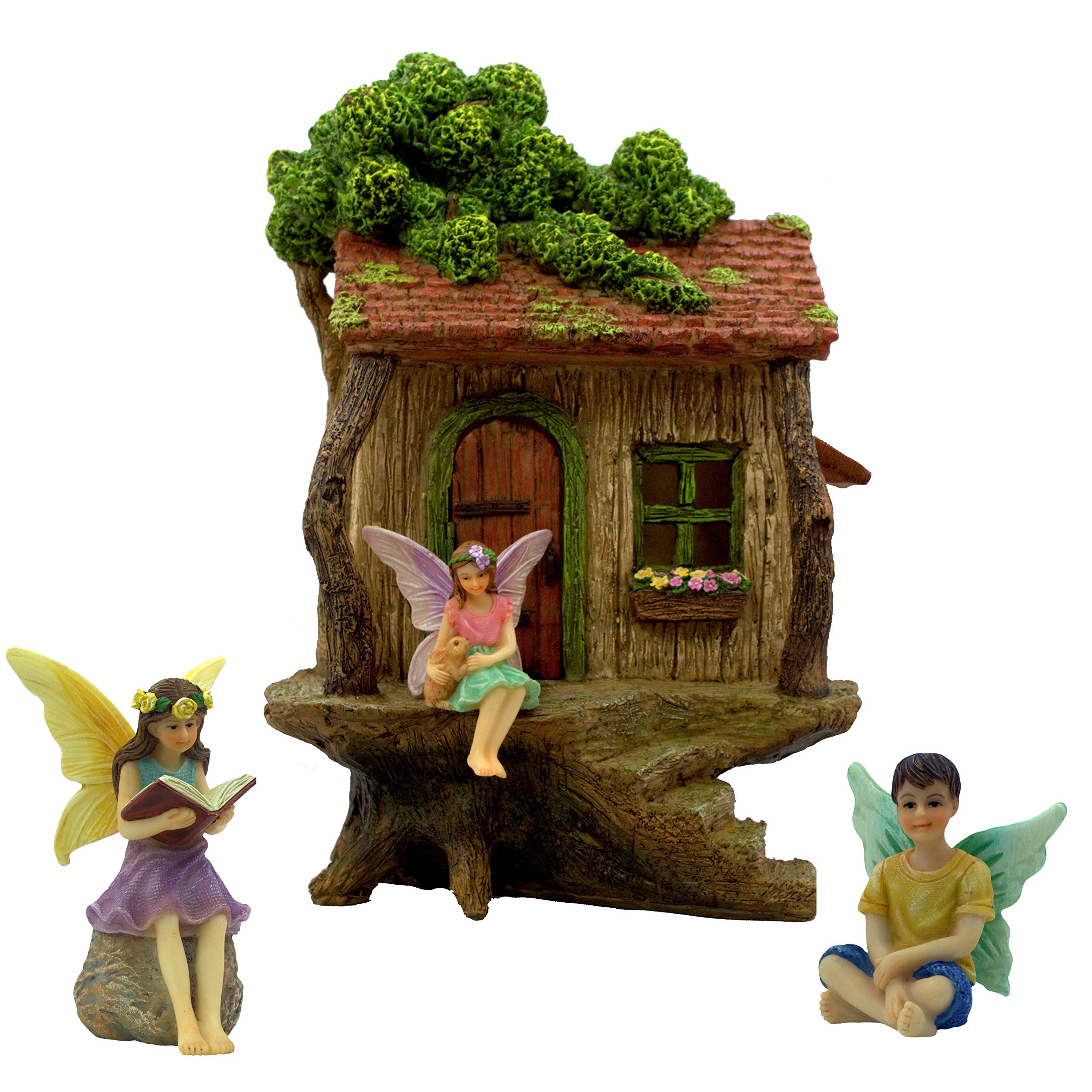 PRETMANNS Fairy House Kit - Fairy Garden Accessories for Outdoor Miniature Village Decor, with Three Fairies - House, 20 cm High & Treehouse Door can Open Wide - 4 Piece Supplies