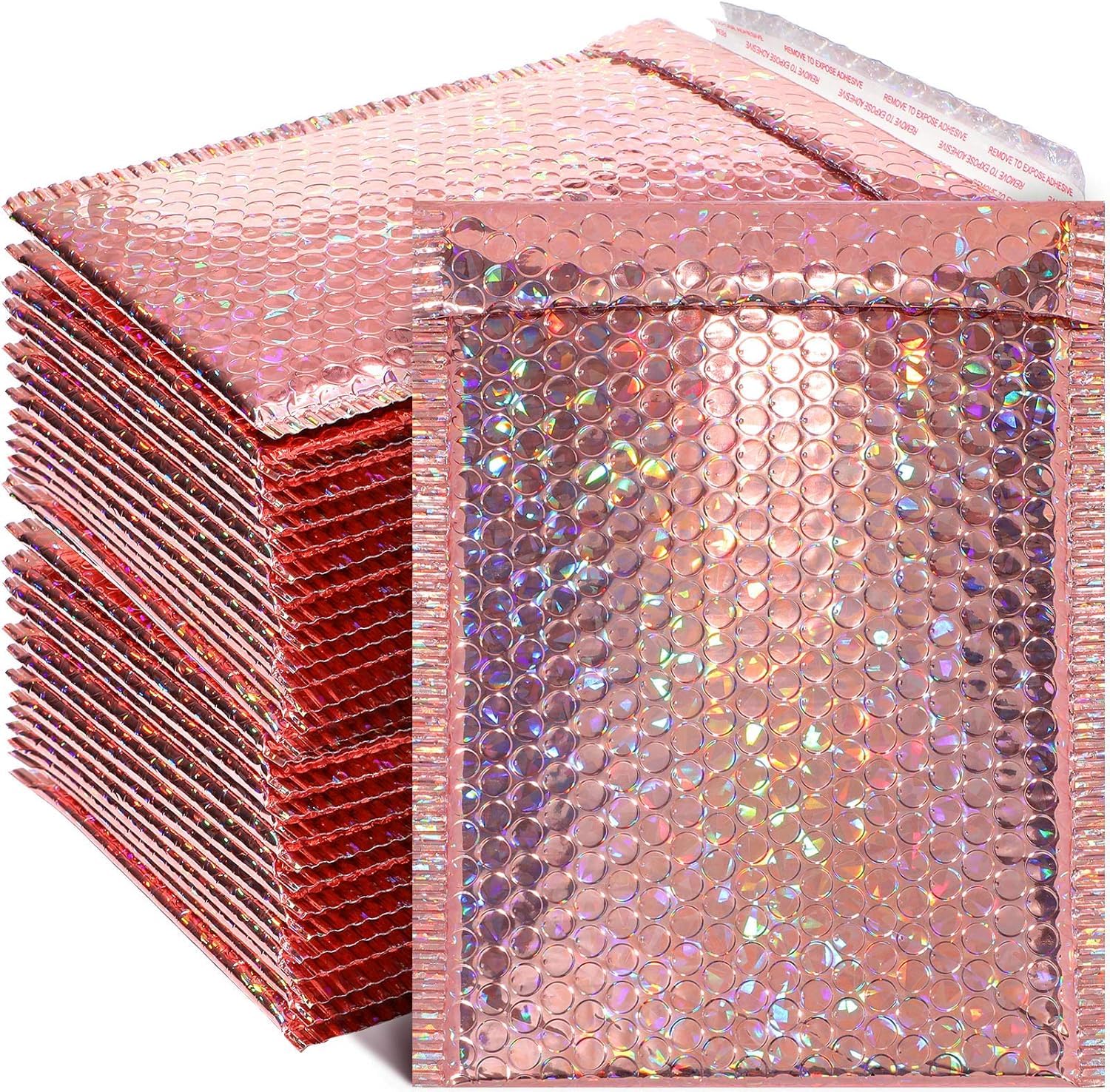 Photo 1 of 30 Pieces Holographic Bubble Mailers Padded Mailer Holographic Bubble Mailers Padded Envelopes Self Sealing Cushion Envelopes for Mailing, Shipping and Packing(Rose Gold, 11 x 7 Inch)