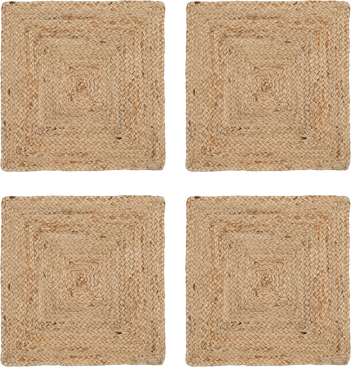 Jute Braided Placemats 12x12 Inches - Natural, Farmhouse Reversible Woven Boho Mats for Kitchen & Dining Table (Set of 4)