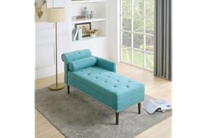 TEFUNE Chaise Lounge Chair, Velvet Upholstered Lounge Chair for Living Room, Indoor Lounge Chair with Armrests and Backrest, Suitable for Adults and Children (Linen, Cyan)