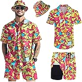 POKM Men's 2 piece 80s 90s rave outfits for Men Hawaiian Shirts with a Bucket Hat