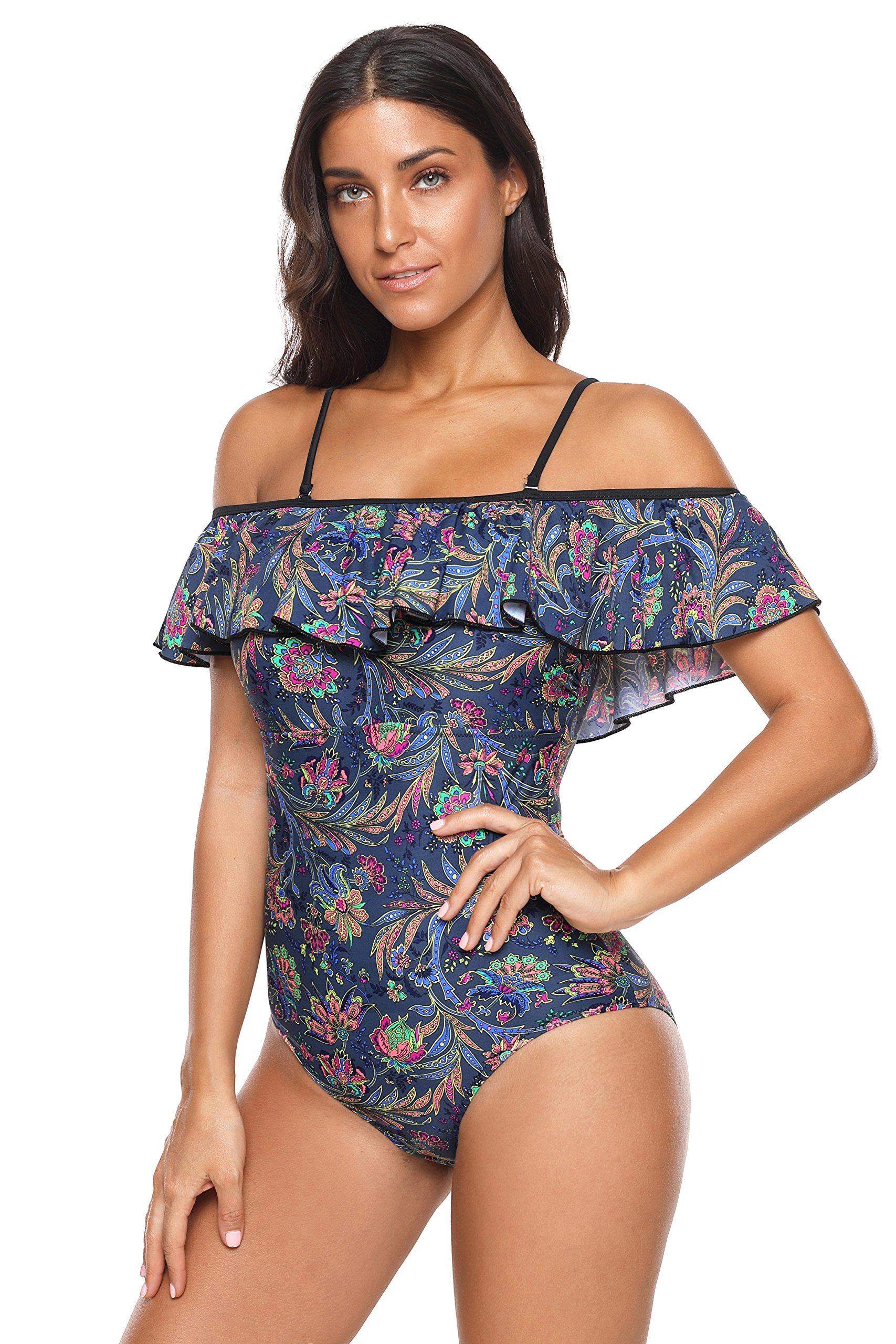 Women 1 Piece Vintage Floral Printed Off Shoulder Flounce Ruffled Padded Chic and Sexy Bathing Suits (Small)