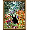 Fantasy Artists Gustav Klimt Canvas Wall Art, Framed Aesthetic Cat Floral Wall Decor, Garden Flower Black Cat Poster Paintings for Living Room Bedroom Bathroon, Dorm Home Decorations, 12" X 16"