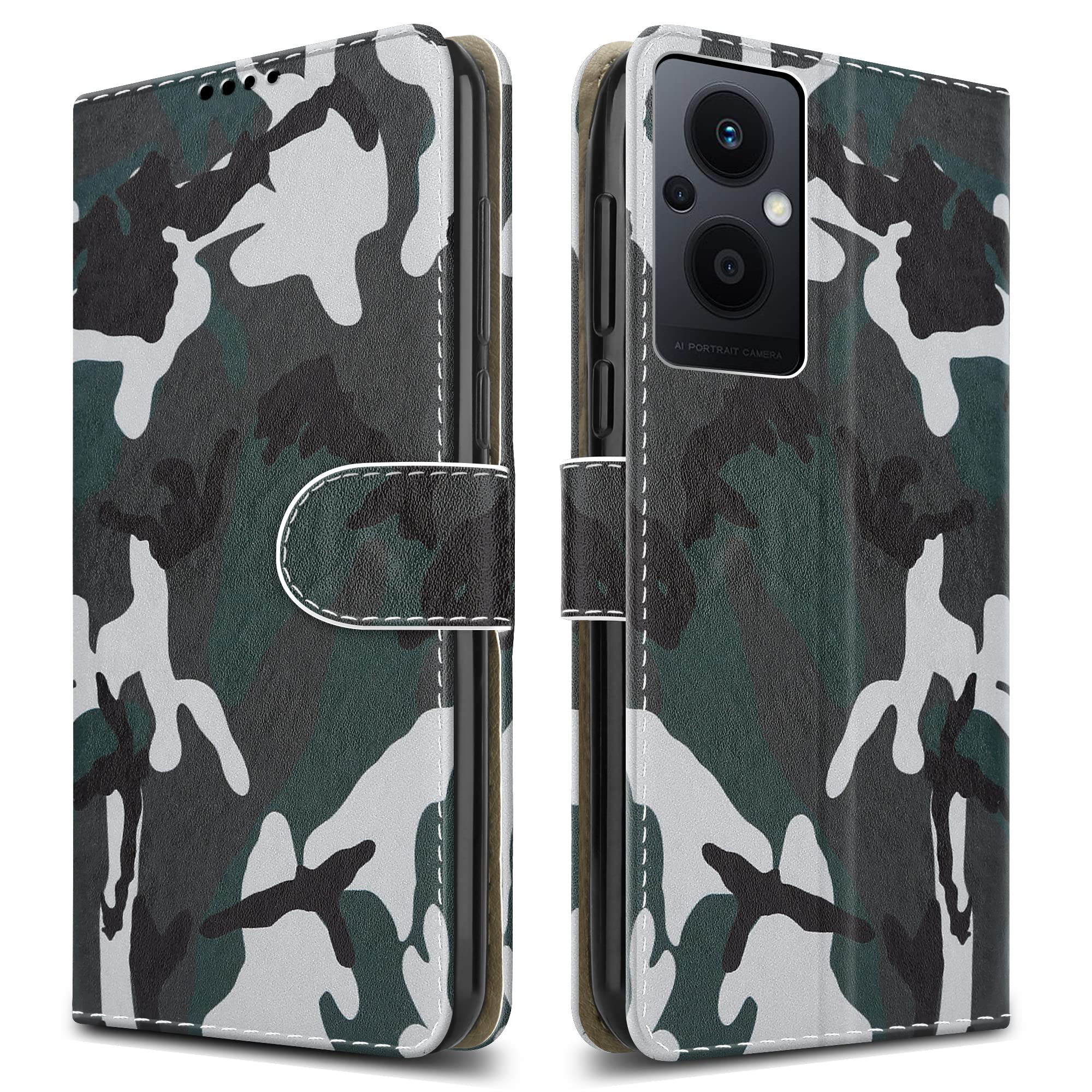 PIXFAB For Oppo Reno 8 Lite 5GG Leather Phone Case, Magnetic Closure Full Protection Book Folio Design, Wallet Case Cover [Card Slots] and [Kickstand] For Oppo Reno 8 Lite 5G - Camouflage