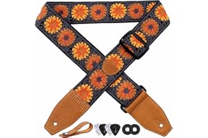 YIKOKO Guitar Strap 2 inch Floral Cotton Guitar Straps with Full Grain Leather End, for Bass, Electric and Acoustic Guitars, Free Strap Button, Strap Locks and Guitar Picks