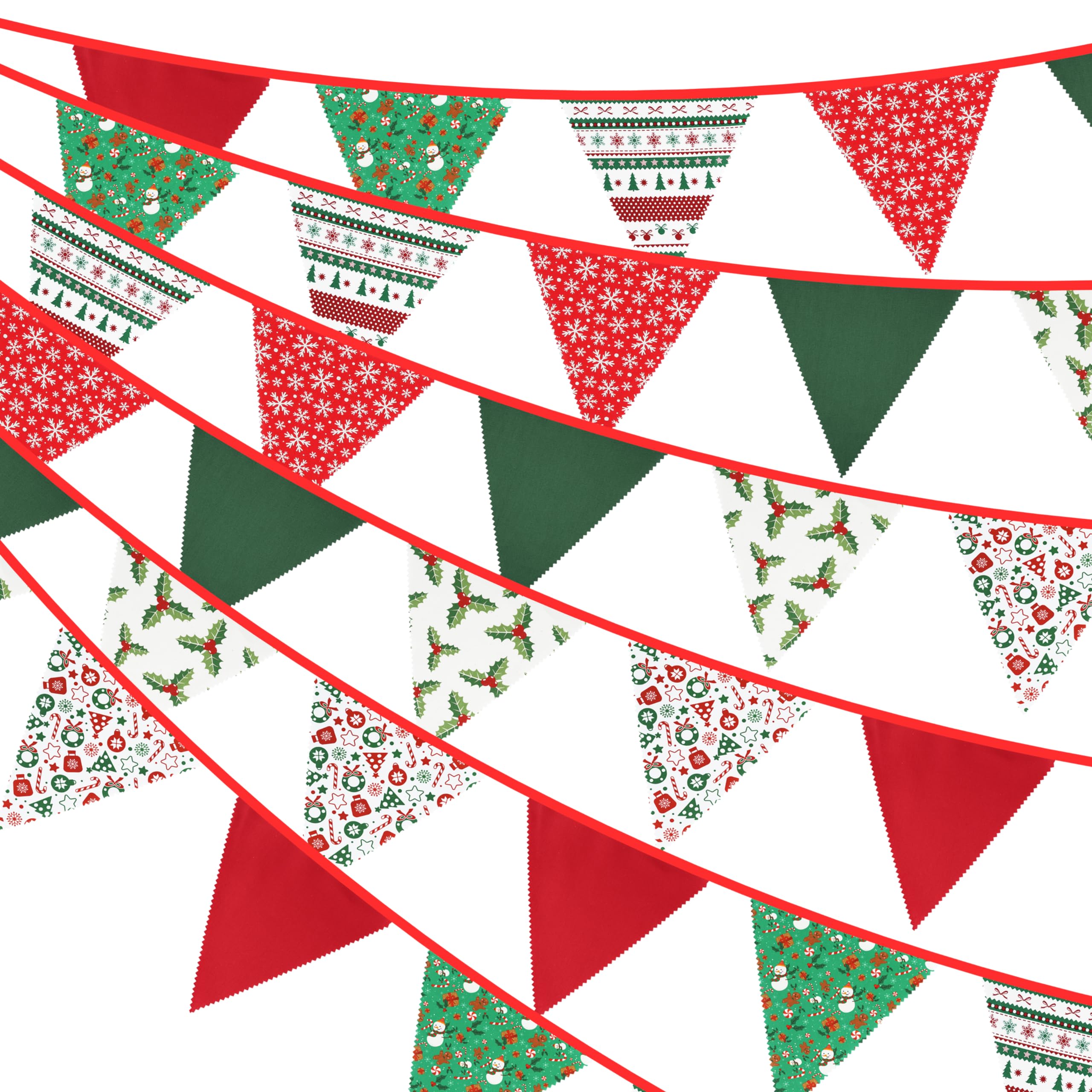 G2PLUS 12M Red and Green Cotton Banner - 42PCS Christmas Fabric Bunting Banner - 19x21CM Reusable Cotton Xmas Garlands for Christmas Parties Decoration