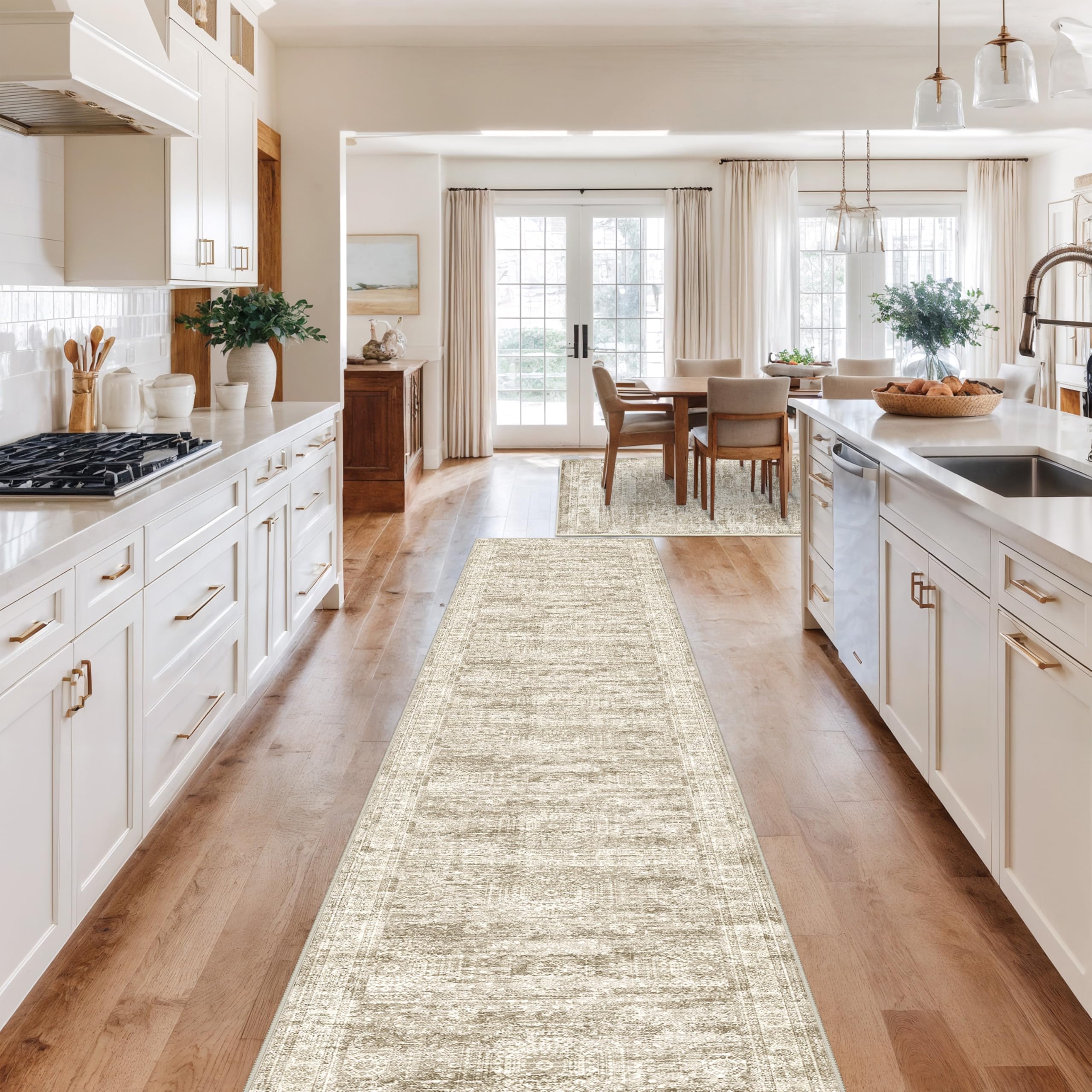 Photo 1 of Restydon Washable Runner Rug 2.5x12, Non-Slip Long Bathroom Rugs Runner for Kitchen, Living Room, Bedroom, Soft Vintage Washable Rug for Entryway, Thin Floor Mat for Dining Room(2.5'x12', Brown/Ivory)