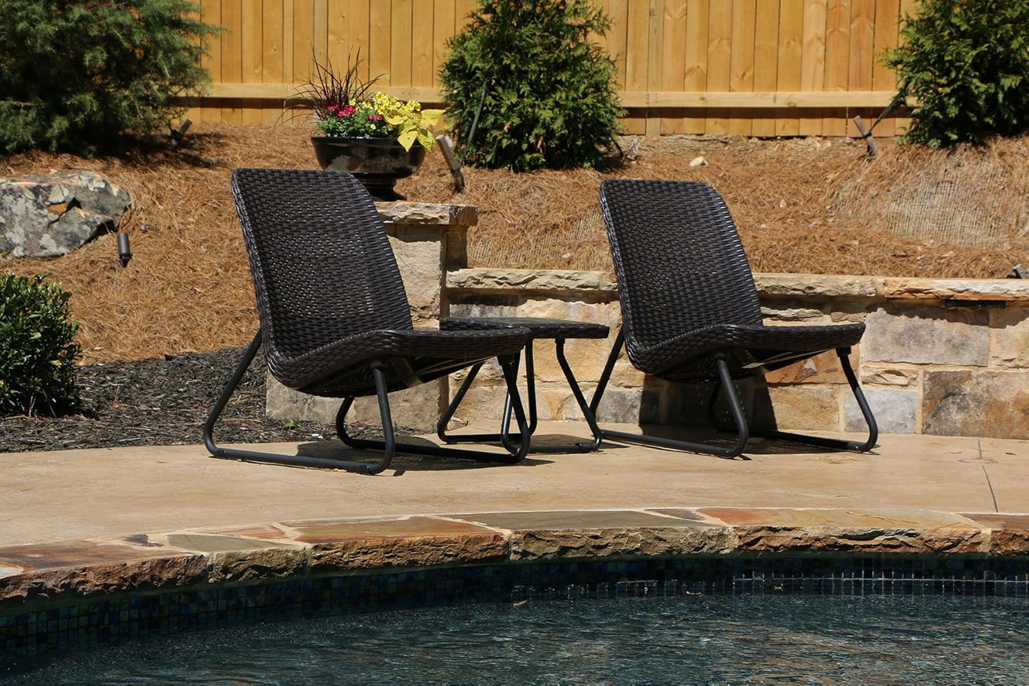 Keter Rio 3 Piece Resin Wicker Patio Furniture Set with Side Table and Outdoor Chairs, Whiskey Brown: Garden & Outdoor
