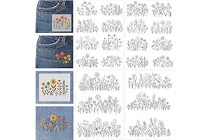 CRASHOT Water Soluble Stabilizer Embroidery Pattern - Flower Stick & Stitch Embroidery Paper Wash Away, Wild Floral Hand Sewing Embroider Patterns for Jean Bag T-Shirt (4 Sheets)